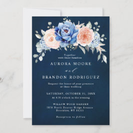 Navy Blue Slate Dusty Blush Pink Floral Wedding Kaart