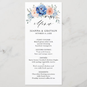 Navy Blue Slate Dusty Blush Pink Floral Wedding Menu