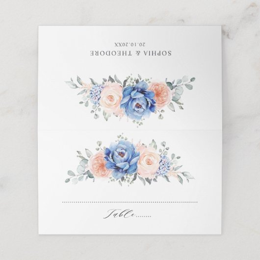 Navy Blue Slate Dusty Blush Pink Floral Wedding Plaatskaartje (Buitenkant ongevouwen)