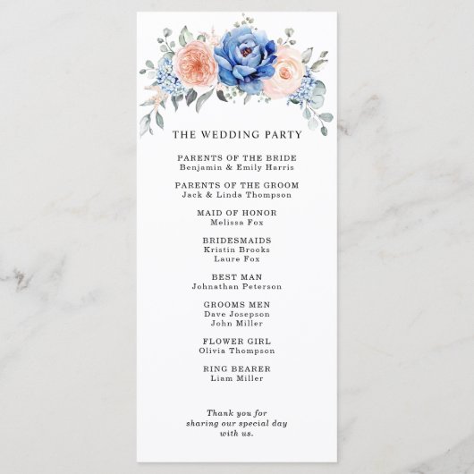 Navy Blue Slate Dusty Blush Pink Floral Wedding Programmakaart (Achterkant)