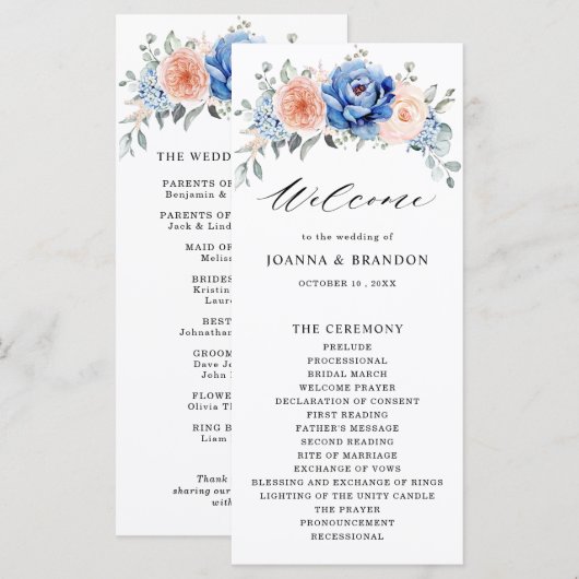 Navy Blue Slate Dusty Blush Pink Floral Wedding Programmakaart (Voorkant / Achterkant)