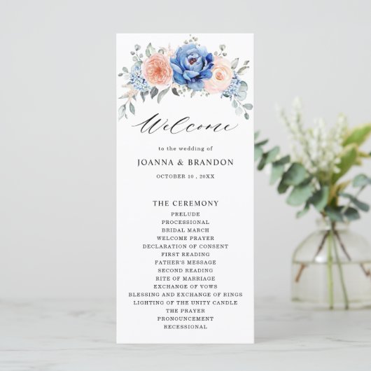 Navy Blue Slate Dusty Blush Pink Floral Wedding Programmakaart (Staand voorkant)