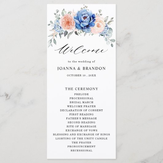 Navy Blue Slate Dusty Blush Pink Floral Wedding Programmakaart (Voorkant)