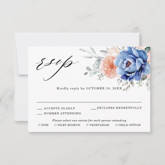 Navy Blue Slate Dusty Blush Pink Floral Wedding RSVP Kaartje (Voorkant)