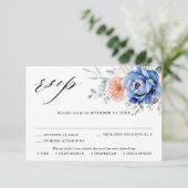 Navy Blue Slate Dusty Blush Pink Floral Wedding RSVP Kaartje (Staand voorkant)