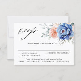 Navy Blue Slate Dusty Blush Pink Floral Wedding RSVP Kaartje