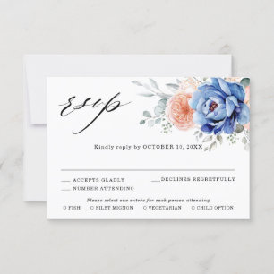 Navy Blue Slate Dusty Blush Pink Floral Wedding RSVP Kaartje