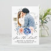 Navy Blue Slate Dusty Blush Pink Floral Wedding Save The Date (Staand voorkant)