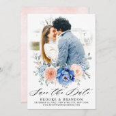 Navy Blue Slate Dusty Blush Pink Floral Wedding Save The Date (Voorkant / Achterkant)