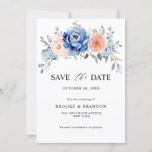 Navy Blue Slate Dusty Blush Pink Floral Wedding Save The Date