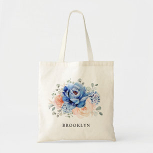 Navy Blue Slate Dusty Blush Pink Floral Wedding Tote Bag