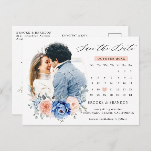 Navy Blue Slate Dusty Blush Pink Save the Date Briefkaart (Voorkant / Achterkant)