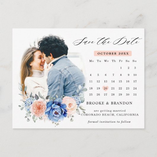 Navy Blue Slate Dusty Blush Pink Save the Date Briefkaart (Voorkant)