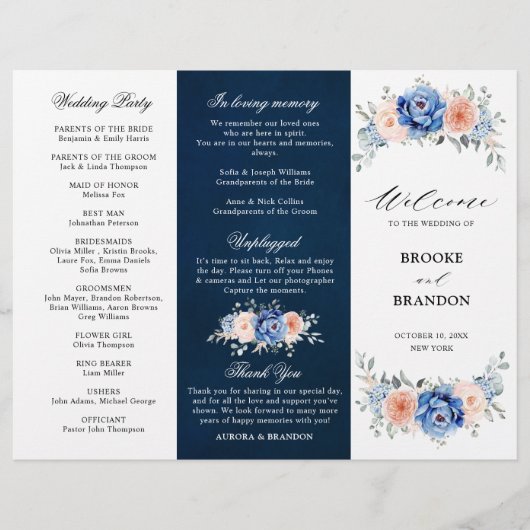 Navy Blue Slate Dusty Blush Pink Wedding Program (Voorkant)