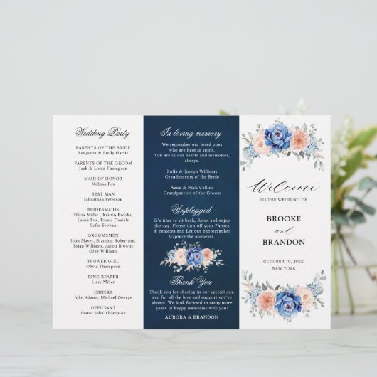 Navy Blue Slate Dusty Blush Pink Wedding Program (Staand voorkant)
