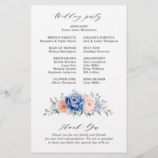 Navy Blue Slate Dusty Blush Pink Wedding Programme (Achterkant)