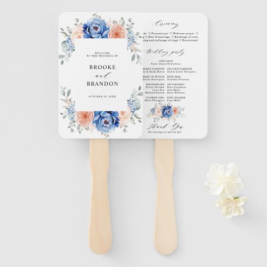 Navy Blue Slate Dusty Blush Pink Wedding Programme Handwaaier (Voorkant en achterkant)