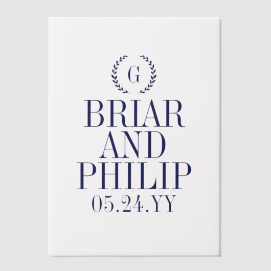 Navy Blue Slender Laurel Krans Monogram Huwelijk Vellum Uitnodigingen (Voorkant)