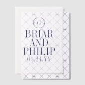 Navy Blue Slender Laurel Krans Monogram Huwelijk Vellum Uitnodigingen (Offset (Uitnodiging))