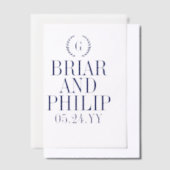 Navy Blue Slender Laurel Krans Monogram Huwelijk Vellum Uitnodigingen (Offset)