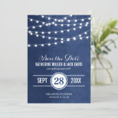 Navy Blue Slingerlichten Save the Date-aankondigin Date (Staand voorkant)