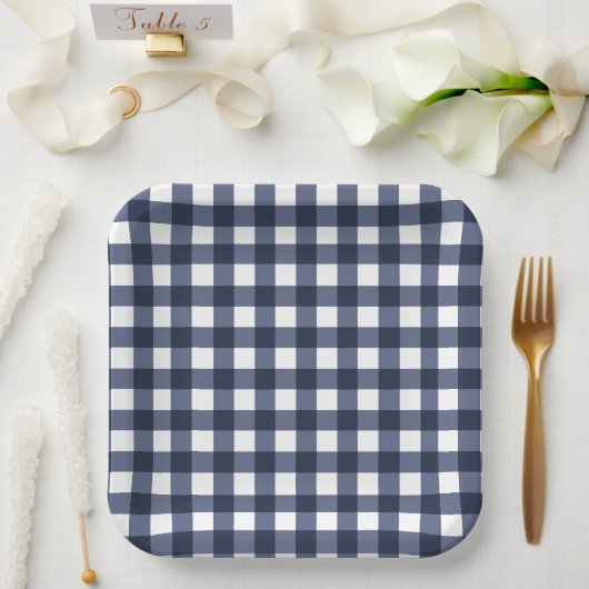 Navy Blue Small Classic Gingham Check Pset Papieren Bordje (Huwelijk)
