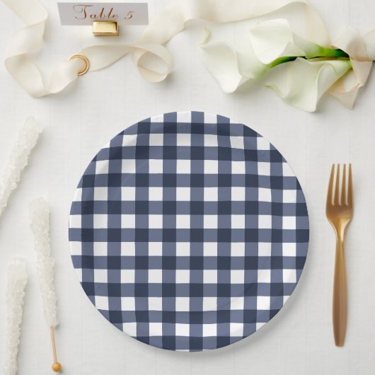Navy Blue Small Classic Gingham Check Pset Papieren Bordje (Huwelijk)