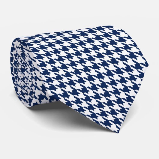 Navy Blue Small Pattern Houndstooth White Stropdas (Opgerold)