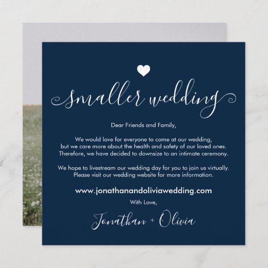 Navy Blue Smaller Wedding Foto Downsized Wedding Aankondiging (Voorkant / Achterkant)