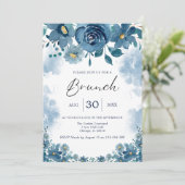 Navy Blue Smoke Bloemen Brunch Uitnodiging (Staand voorkant)