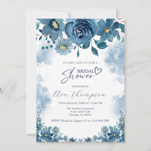 Navy Blue Smoke Floral Bridal Shower Invitation Kaart (Voorkant)