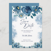 Navy Blue Smoke Floral Wedding Save The Date Kaart (Voorkant / Achterkant)