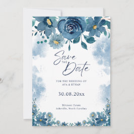Navy Blue Smoke Floral Wedding Save The Date Kaart