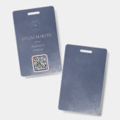 Navy Blue Smokey QR code Employee Name Badge (Voor- en achterkant)