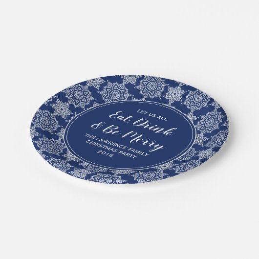 Navy Blue Sneeuwvlok Eat Drink Kerstfeest Papieren Bordje (Gekanteld)