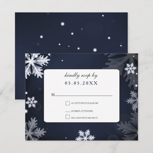 Navy Blue snewflakes winterbruiloft rsvp (Voorkant / Achterkant)