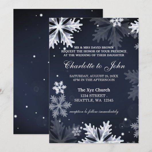Navy Blue snewflakes wintertrouwuitnodiging Kaart (Voorkant / Achterkant)