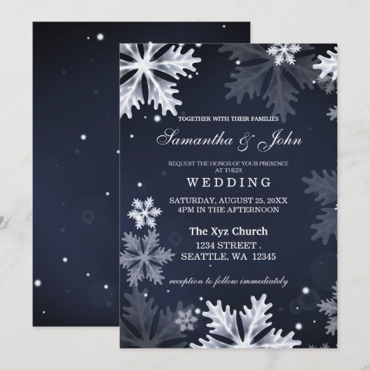 Navy Blue snewflakes wintertrouwuitnodiging Kaart (Voorkant / Achterkant)