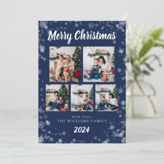 Navy Blue Snow Flake Holiday Kaart (Staand voorkant)