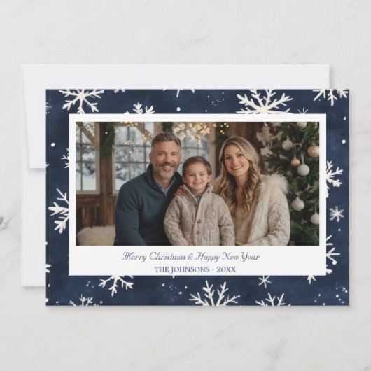 Navy Blue Snowflake Kerstfoto Feestdagenkaart (Voorkant)