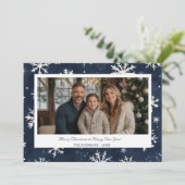 Navy Blue Snowflake Kerstfoto Feestdagenkaart (Staand voorkant)