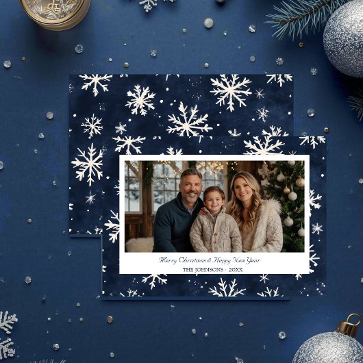 Navy Blue Snowflake Kerstfoto Feestdagenkaart