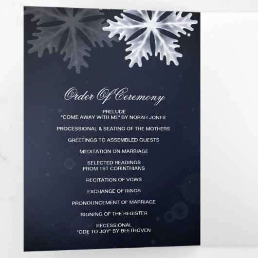 Navy Blue Snowflake Winter Wedding Drieluik Programma (Binnenzijde eerst)