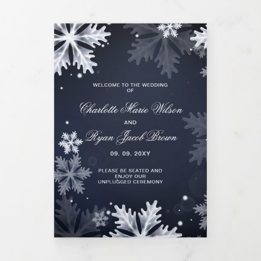 Navy Blue Snowflake Winter Wedding Drieluik Programma (Cover)