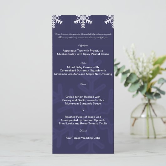 Navy Blue Snowflake Winter Wedding Menu (Staand voorkant)