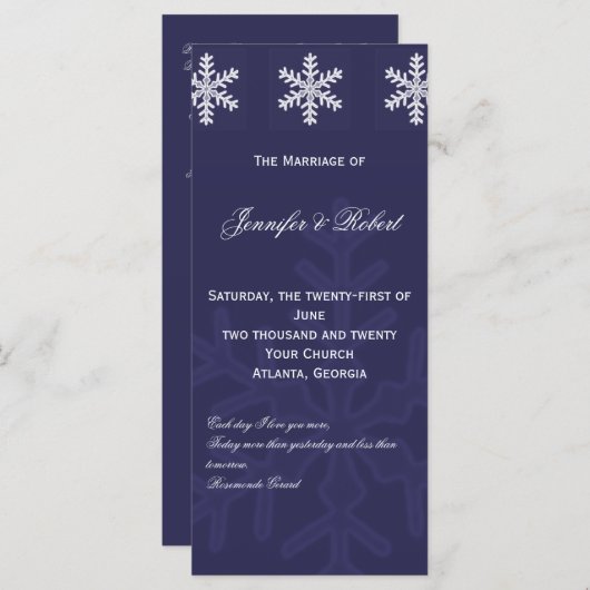 Navy Blue Snowflake Winter Wedding Programme Programmakaart (Voorkant / Achterkant)