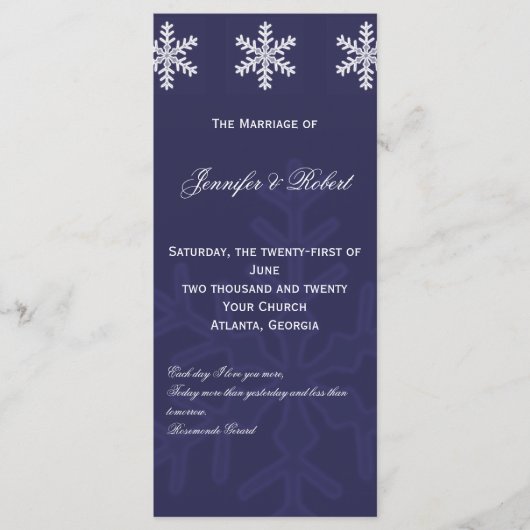 Navy Blue Snowflake Winter Wedding Programme Programmakaart (Voorkant)