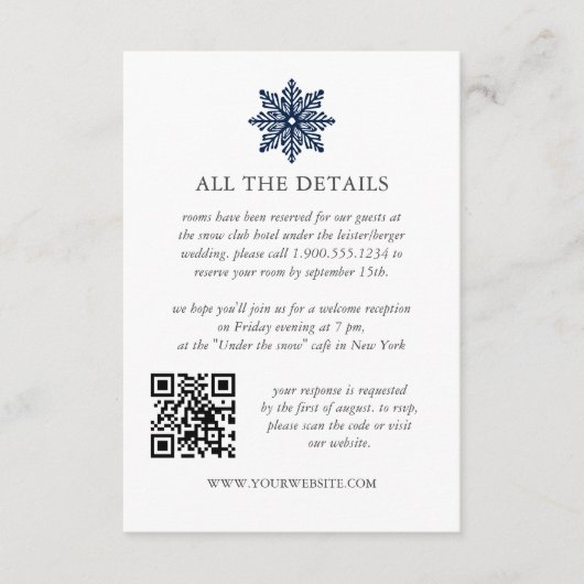 Navy Blue Snowflake Winter WEDDING QRCode Details Informatiekaartje (Voorkant)