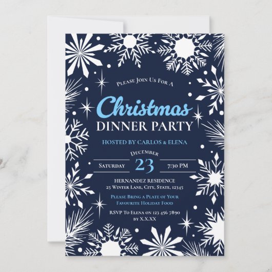 Navy Blue Snowflakes kerstdiner Kaart (Voorkant)