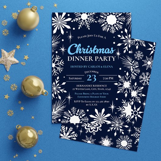 Navy Blue Snowflakes kerstdiner Kaart